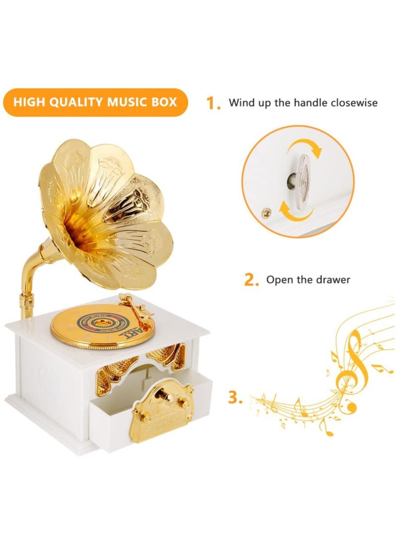 General - Vintage Gramophone Music Box Musical Box Mechanical Music Box for Girls Women Girlfriend Daughter Retro Table Cafe Home Decor Birthday Valentines Gift (White) - Image 1