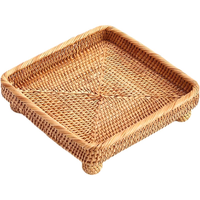 i-lan 9" Square Rattan Decorative Riser for Display,Small Items Serving Basket Vanity Tray - Square Woven Bread, Fruit, Keys Bowl Pedestal Stand,Flat Wicker Decorative Snack Trays for Candy Dish - Image 1