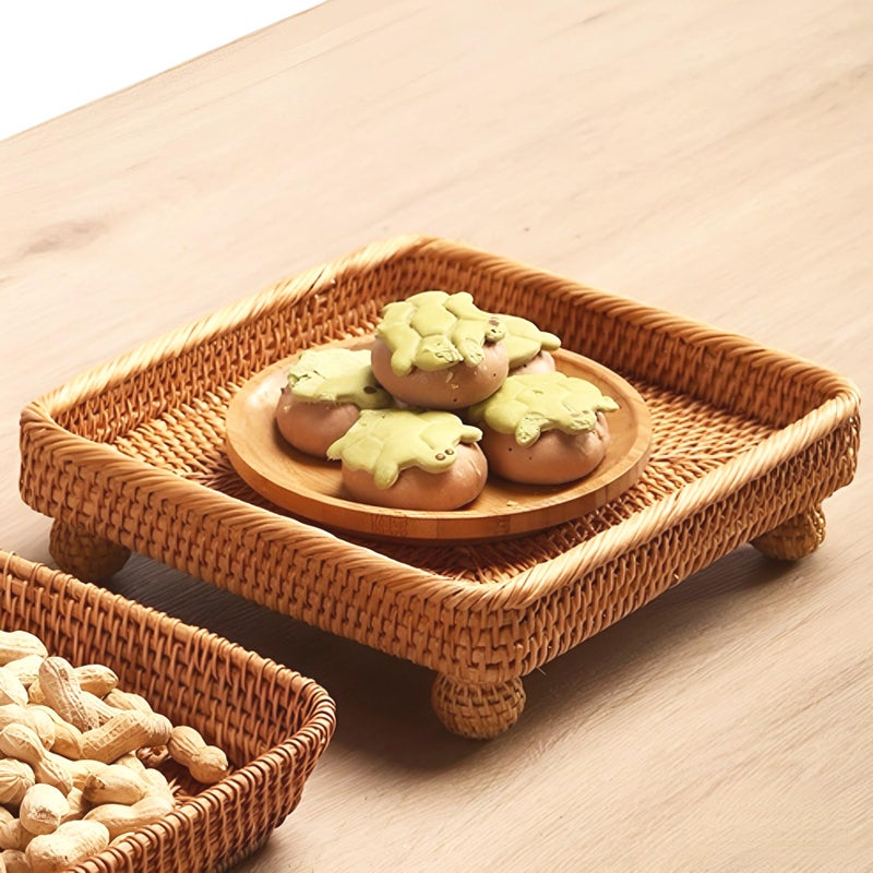 i-lan 9" Square Rattan Decorative Riser for Display,Small Items Serving Basket Vanity Tray - Square Woven Bread, Fruit, Keys Bowl Pedestal Stand,Flat Wicker Decorative Snack Trays for Candy Dish - Image 4