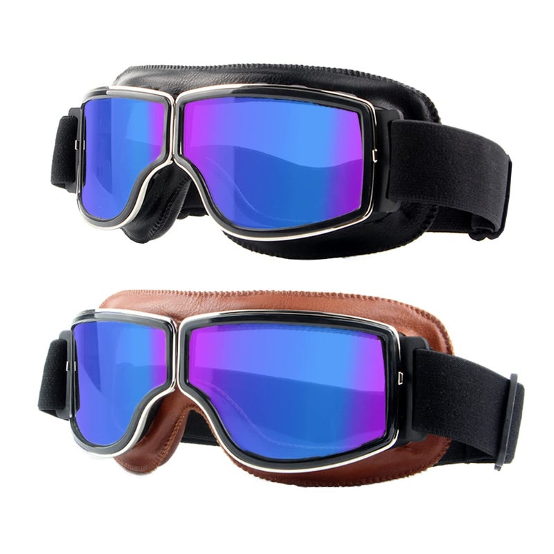 LJDJ Motorcycle Goggles2 Pack Vintage Anti Fog Pilot PU Leather Glasses Dustproof ATV Off Road Motorbike Helmet Eyewear Protect for Ridding Motorcross Classes Aviator Goggles for Men Women Adult - Image 2