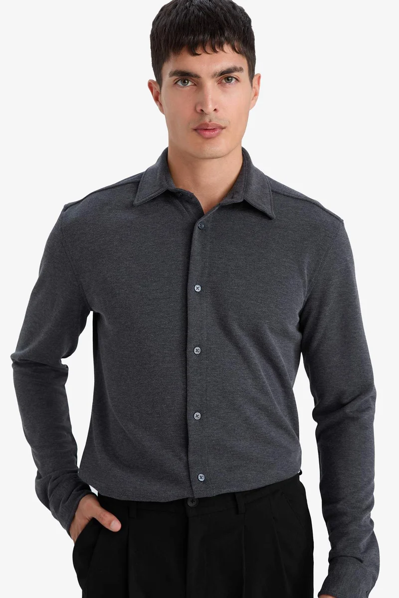 Defacto Modern Fit Polo Collar Pique Long Sleeve Shirt