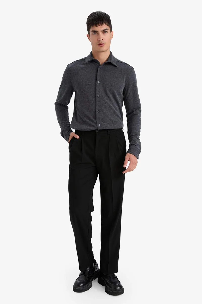 Defacto Modern Fit Polo Collar Pique Long Sleeve Shirt