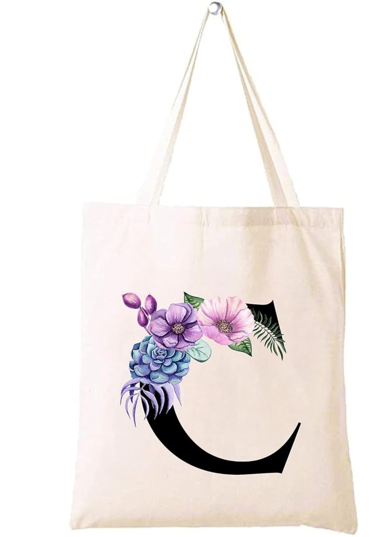 Generic - Canvas Cotton Tote Bag With Floral Design On Initial Letters Printed Reusable Shopping Bag - Image 1