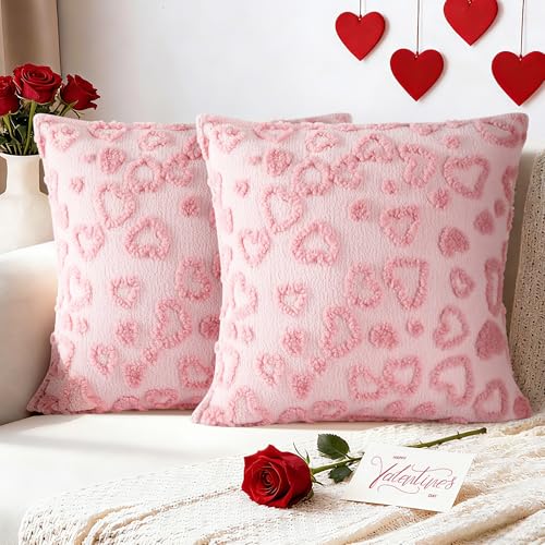 Zannaki Valentines Pillow Covers 18x18 inch Set of 2 Valentines Day Decoration Cute Heart Soft Plush Faux Fur Wool Jacquard Throw Cushion Cases for Bedroom Sofa Wedding Holiday Festivals Home Decor - Image 1
