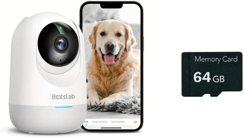 كاميرا الأمن الداخلي BOTSLAB C212 مع بطاقة SD سعة 64 جيجابايت – كاميرا منزلية ذكية بدقة 2K عبر WiFi، كشف الحركة، الرؤية الليلية، اتصال صوتي ثنائي الاتجاه، متوافقة مع Alexa و Google