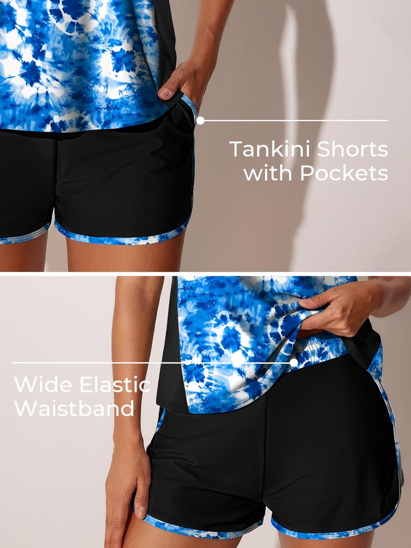 Summer Mae Plus Size Tankini Swimsuits for Women 2026 Tummy Control Two Piece Bathing Suits with Pockets Swim Shorts Blue Tie-Dye Size 20 Plus - Image 4