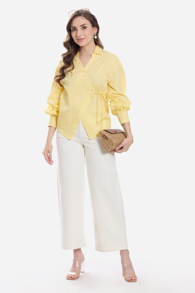 فيرجيو Solid Cotton Asymmetric Tie-Up Shirt for Women