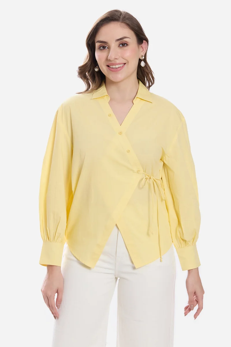 فيرجيو Solid Cotton Asymmetric Tie-Up Shirt for Women