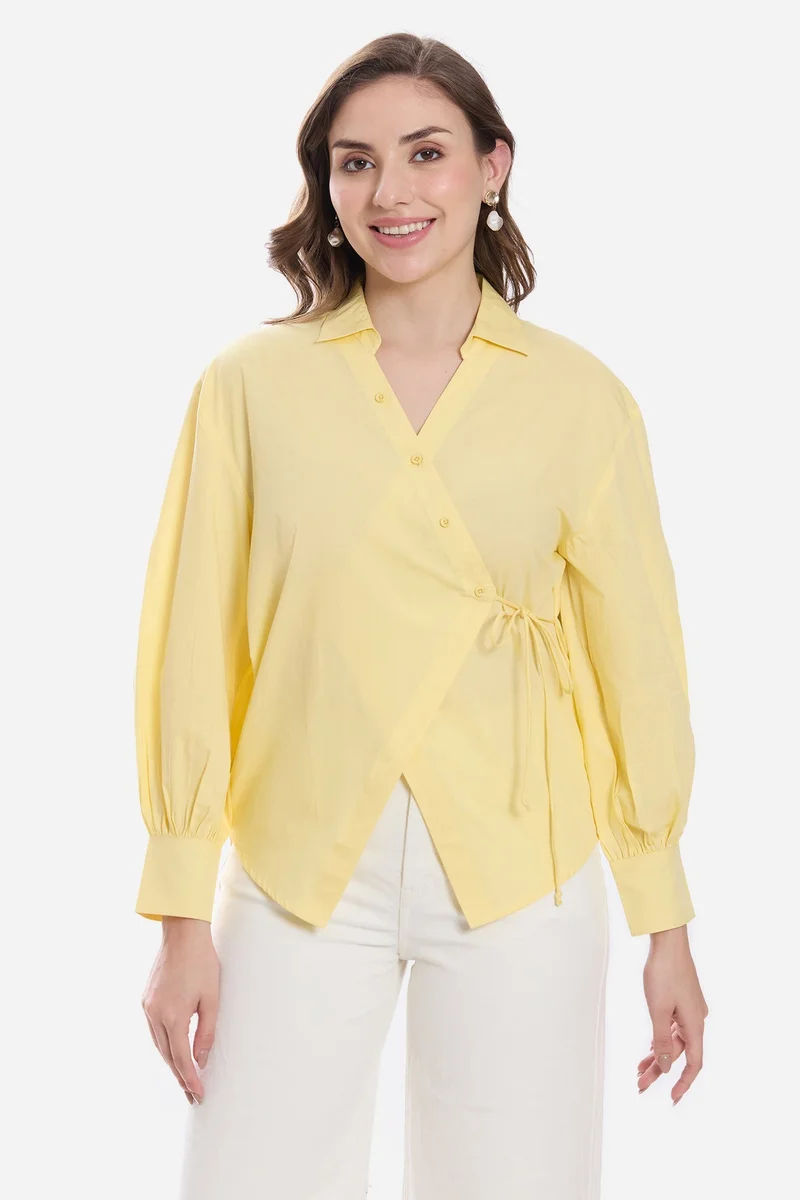 فيرجيو Solid Cotton Asymmetric Tie-Up Shirt for Women
