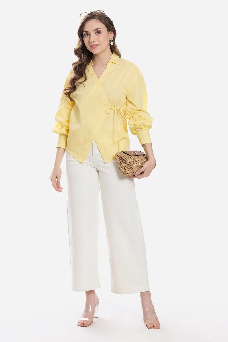 فيرجيو Solid Cotton Asymmetric Tie-Up Shirt for Women