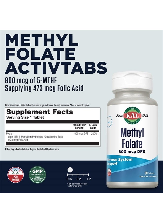 KAL Methyl Folate 800 mcg DFE, 5-MTHF Active Form Vitamin B9, Folic Acid Supplement, Heart Health, Prenatal, Mood and Brain Support, Fast Dissolving ActivTab, 60-Day Guarantee, 90 Servings, 90 Tablets - Image 2