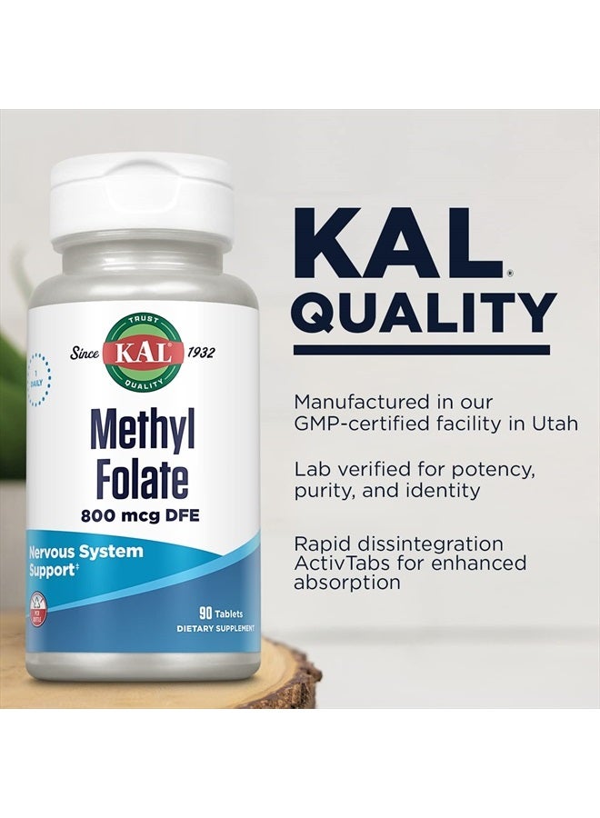 KAL Methyl Folate 800 mcg DFE, 5-MTHF Active Form Vitamin B9, Folic Acid Supplement, Heart Health, Prenatal, Mood and Brain Support, Fast Dissolving ActivTab, 60-Day Guarantee, 90 Servings, 90 Tablets - Image 4