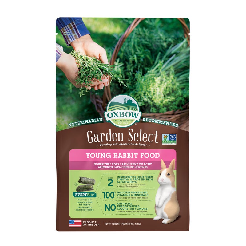 Oxbow Garden Select Rabbit Food, Young, Made Alfalfa for Rabbit, Bunny Food Pellets, Non-GMO, No Soy or Wheat, Small Animal Pet Products, Made in USA, High Fiber, 4 lb. Bag - Image 1
