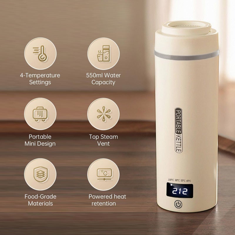 Perfin Travel Electric Kettle 500ml Portable Mini Tea Coffee Kettle Cup with 4 Temperature Settings, Small Water Boiler 304 Stainless Steel, Auto Shut-off&Insulation Protection - Image 2