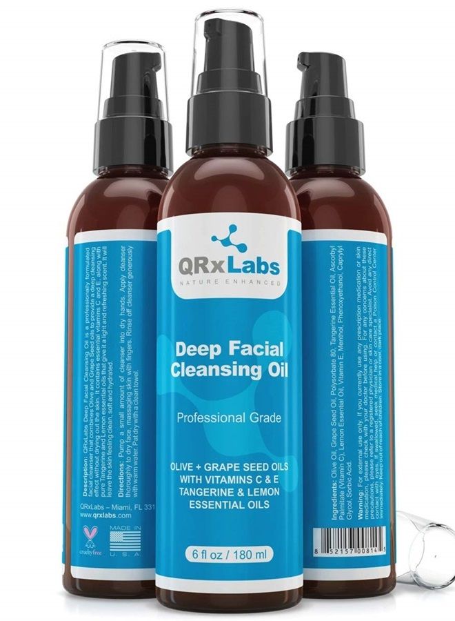 Deep Facial Cleansing Oil with Olive and Grape Seed Oils, Tangerine & Lemon Essential Oils, Boosted with Vitamins C & E - BEST Cleanser for Dry Skin - Makeup Remover & Face Wash - 6 fl oz