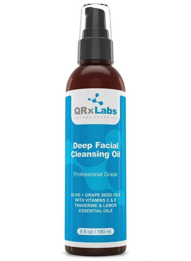 Deep Facial Cleansing Oil with Olive and Grape Seed Oils, Tangerine & Lemon Essential Oils, Boosted with Vitamins C & E - BEST Cleanser for Dry Skin - Makeup Remover & Face Wash - 6 fl oz