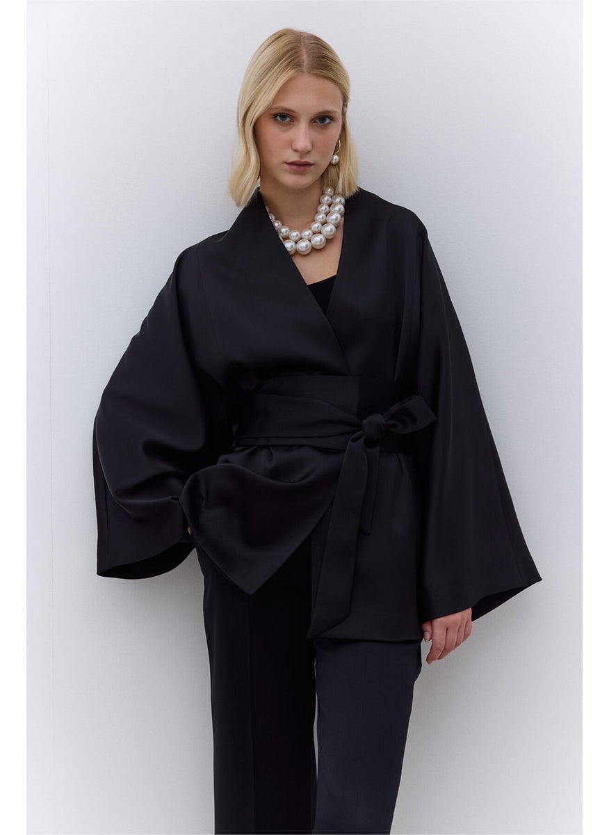 Manuka - Satin Belted Kimono Black - Image 1