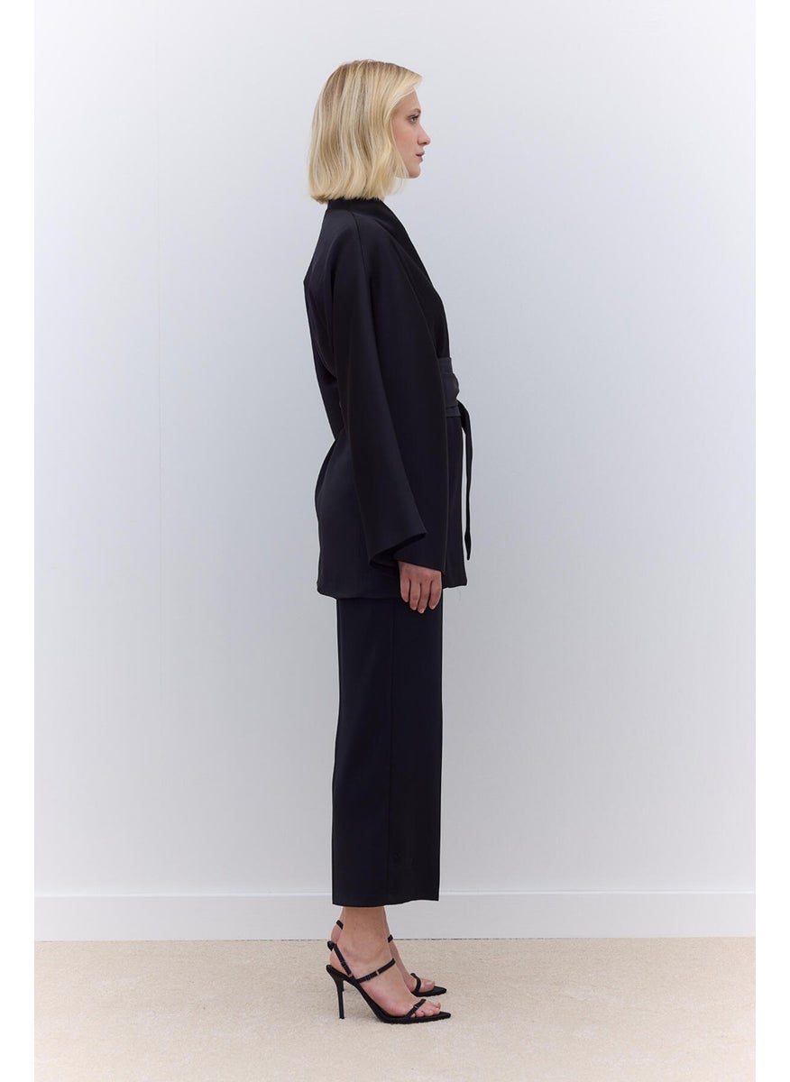 Manuka - Satin Belted Kimono Black - Image 1