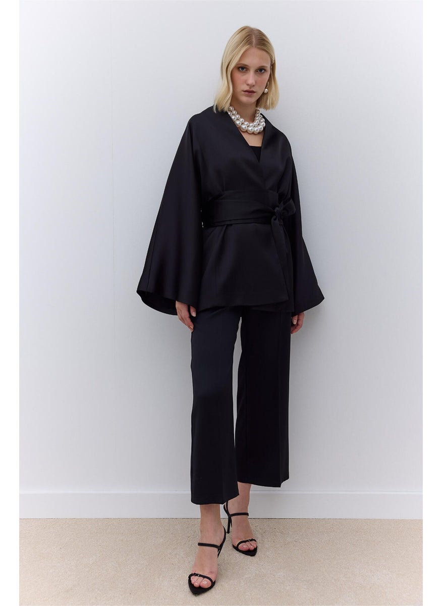 Manuka - Satin Belted Kimono Black - Image 1