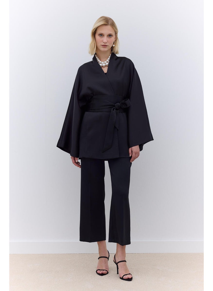 Manuka - Satin Belted Kimono Black - Image 1
