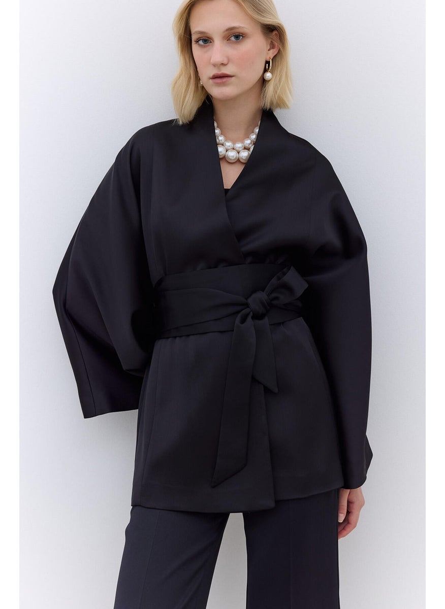 Manuka - Satin Belted Kimono Black - Image 1