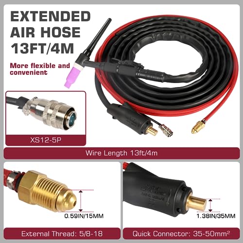 ARCCAPTAIN شعلة TIG من ARCCAPTAIN مع إشعال عالي التردد، شعلة لحام الأرجون WP-17 المبردة بالهواء مع قابس 35-50 مم²، خرطوم هواء بطول 13 قدم (أحمر) وكابل، شعلة HF TIG 150 أمبير لـ ARCCAPTAIN TIG200 وTIG200P - Image 4