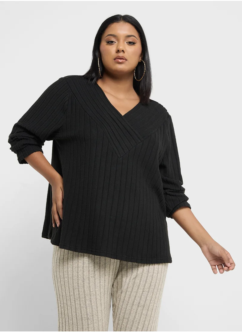 جينجر بلس Ribbed Knitted V Neck Sweater