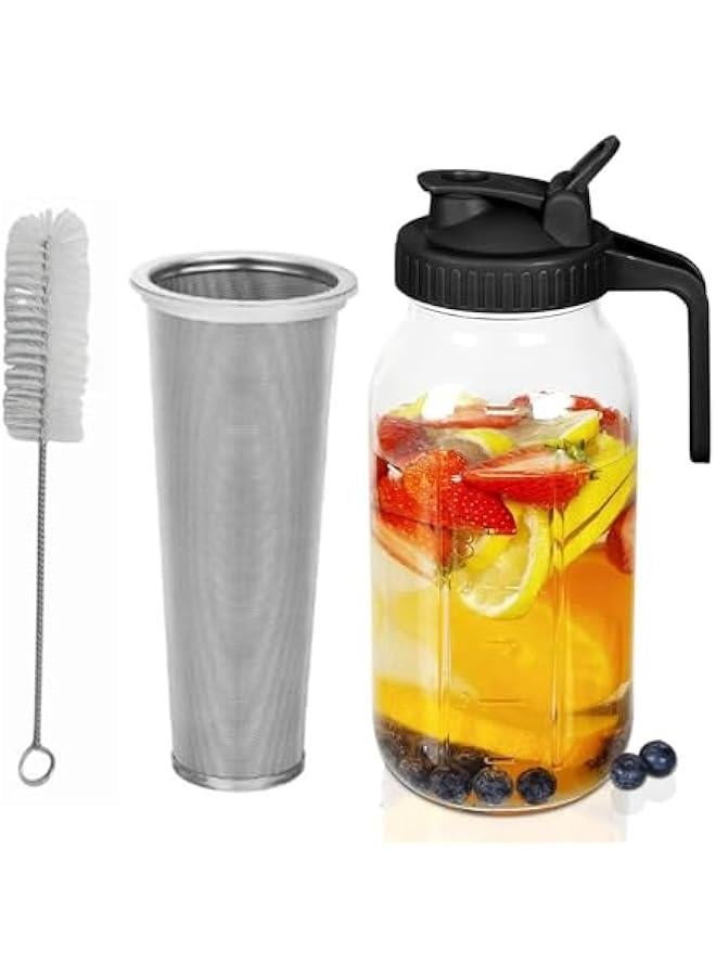 HOOKOR Coffee Maker Pitcher,64 Oz Heavy Duty Wide Mouth Glass Mason Jar with Heavy Duty Stainless Steel Filter and Brush, for Ice Lemonade, Fruit Drinks,Homemade Fruit Drinks Container (Black) - Image 1