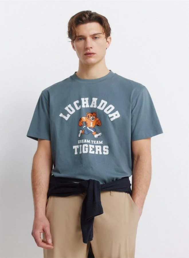 Springfield Cotton loose fit short sleeve ribbed round neck chest print T-shirt