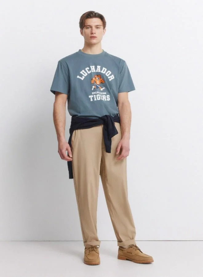 Springfield Cotton loose fit short sleeve ribbed round neck chest print T-shirt