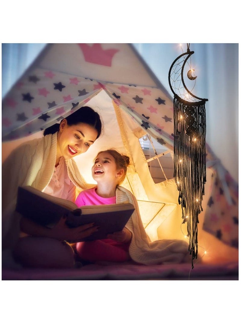 Excefore صائد الأحلام، 2 قطع صائد أحلام القمر والنجوم ملحقات غرفة النوم سوداء يدوية الصنع ديكور جداري طقم صائد أحلام مع أضواء LED لتزيين غرفة نوم البنات والأولاد، سوداء - Image 3