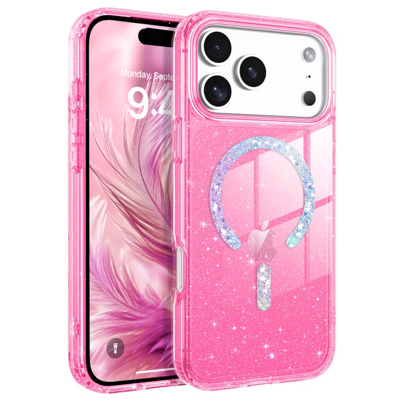BENTOBEN Magnetic for iPhone 17 Pro Max Case Clear Crystal Glitter Bling 17 Pro Max Phone Case Compatible with MagSafe Shockproof Sparkly Cute Women Girl Cover for iPhone 17 Pro Max Hot Pink - Image 2