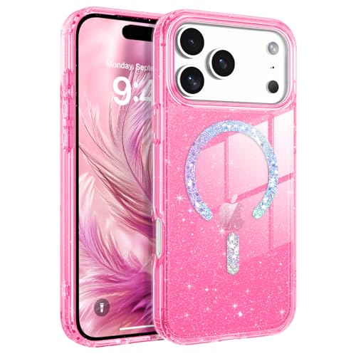 BENTOBEN Magnetic for iPhone 17 Pro Max Case Clear Crystal Glitter Bling 17 Pro Max Phone Case Compatible with MagSafe Shockproof Sparkly Cute Women Girl Cover for iPhone 17 Pro Max Hot Pink - Image 1
