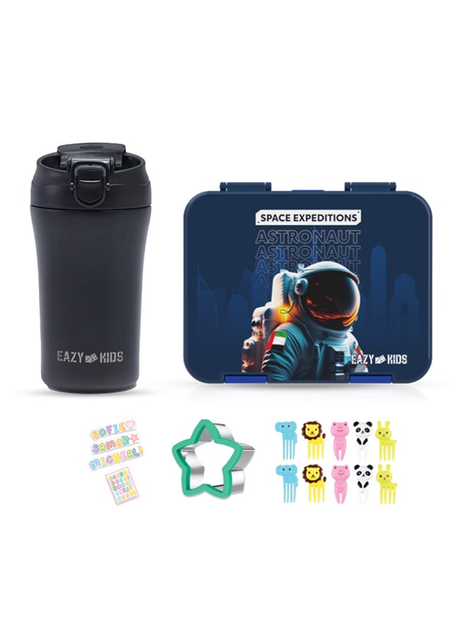 Eazy Kids 4 And 6 Convertible Compartment Bento Kids Lunch Box With Stainless Steel Kids Water Bottle 400 ML, Sandwich Cutter Set - Space UAE Blue