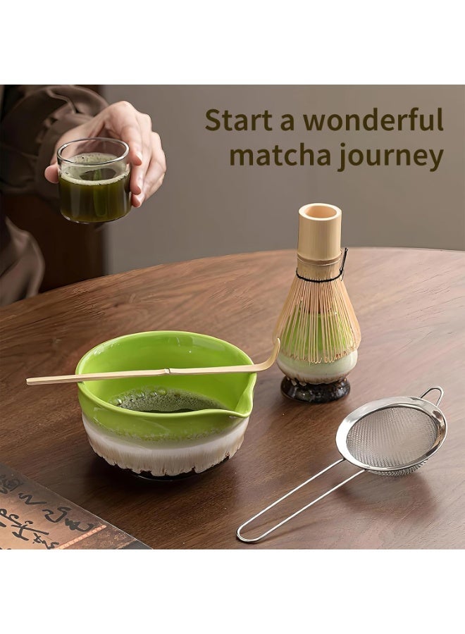 5 Pcs Matcha Tea Set, Includes Matcha Bowl, Bamboo Whisk, Spoon, Stainless Steel Tea Sieve, Whisk Holder and Japanese Matcha Whisk Set, Green Matcha Maker's Set Green (Kiln Green) - Image 2