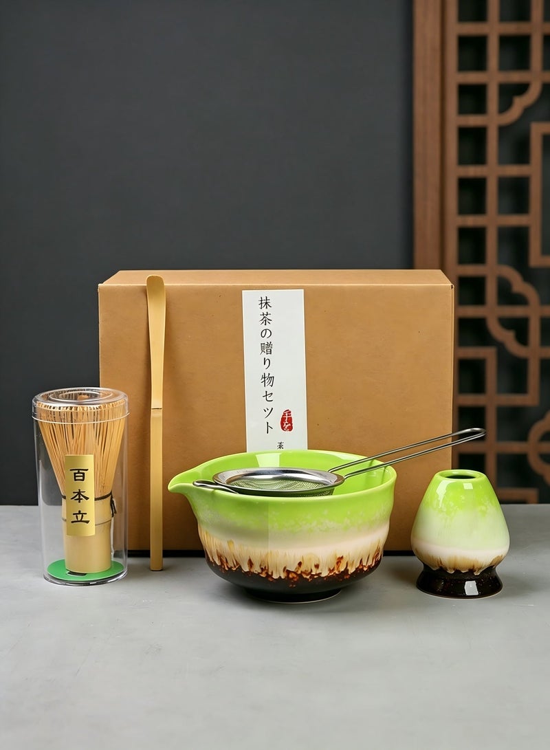 5 Pcs Matcha Tea Set, Includes Matcha Bowl, Bamboo Whisk, Spoon, Stainless Steel Tea Sieve, Whisk Holder and Japanese Matcha Whisk Set, Green Matcha Maker's Set Green (Kiln Green) - Image 1