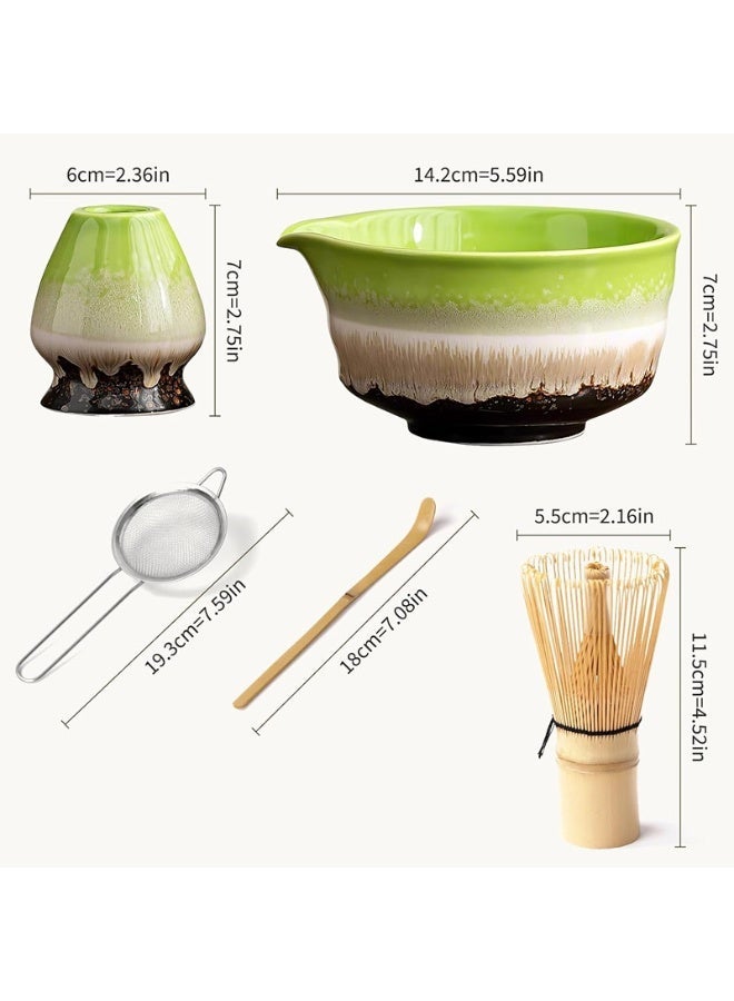 5 Pcs Matcha Tea Set, Includes Matcha Bowl, Bamboo Whisk, Spoon, Stainless Steel Tea Sieve, Whisk Holder and Japanese Matcha Whisk Set, Green Matcha Maker's Set Green (Kiln Green) - Image 3