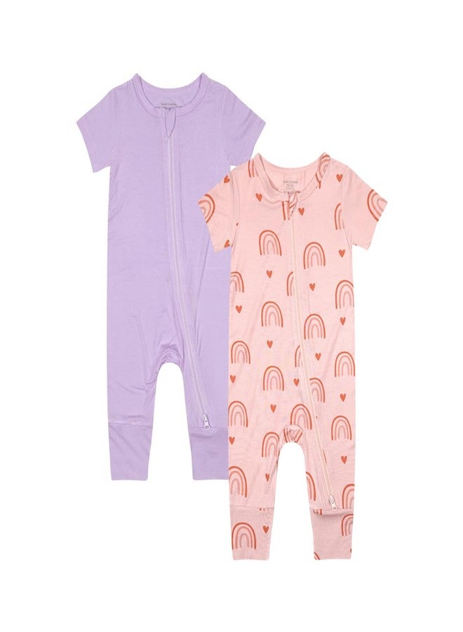 Teach Leanbh Baby Boys Girls 2 Pack Bamboo Viscose Pajamas 2 Way Zipper Short Sleeve Romper Jumpsuit Sleep and Play (12-18 months, Purple/Rainbow) - Image 1