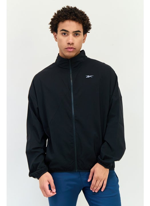 Men Sportswear Fit Long Sleeve Woven Running Windbreaker Jacket, Black