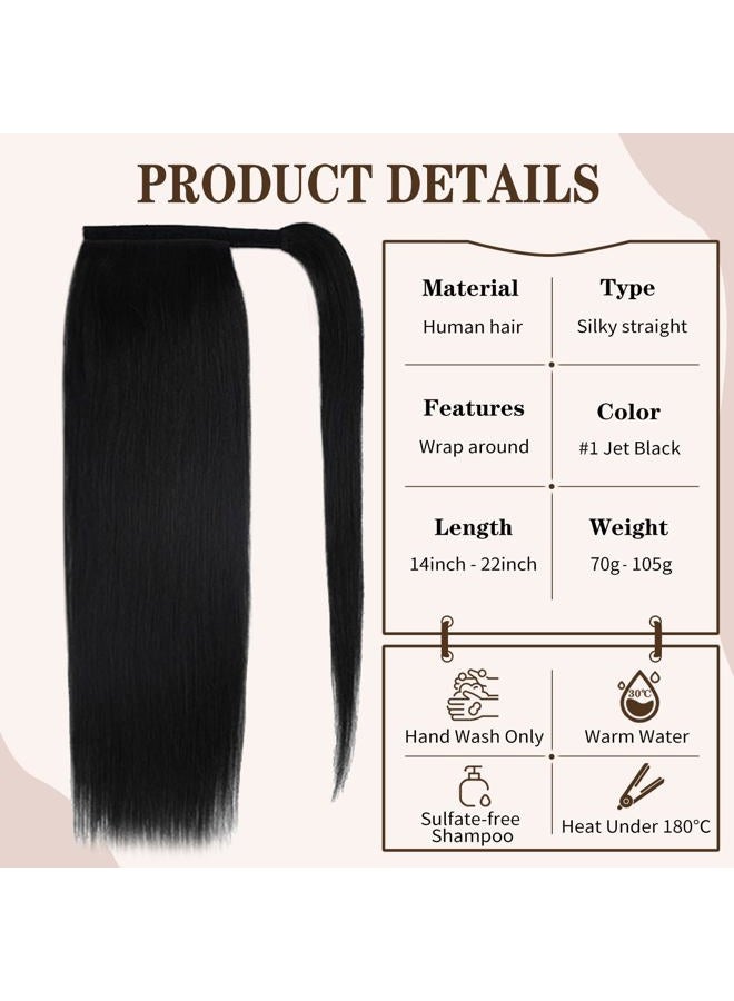 FAAAL 16" Human Hair Ponytail Extension 75g #1 Jet Black 100% Remy Human Hair Wrap Around Long Ponytail Clip in Hair Extensions Straight One Piece Hairpiece (16", Jet Black) - Image 2