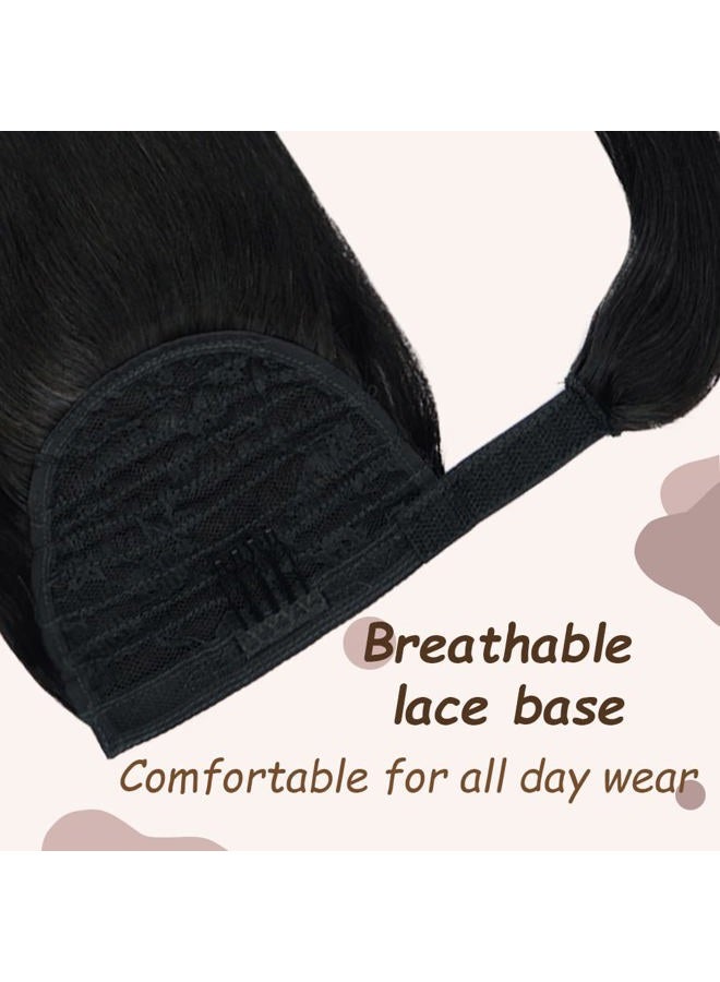 FAAAL 16" Human Hair Ponytail Extension 75g #1 Jet Black 100% Remy Human Hair Wrap Around Long Ponytail Clip in Hair Extensions Straight One Piece Hairpiece (16", Jet Black) - Image 4