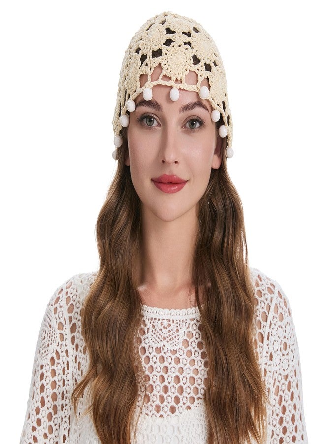 ZLYC قبعة صوفية نسائية من ZLYC مصنوعة يدويًا من القطن والكروشيه، بتصميم جمجمة، مزينة بنقوش زهرية (لون بيج مزين بالخرز) - Image 2