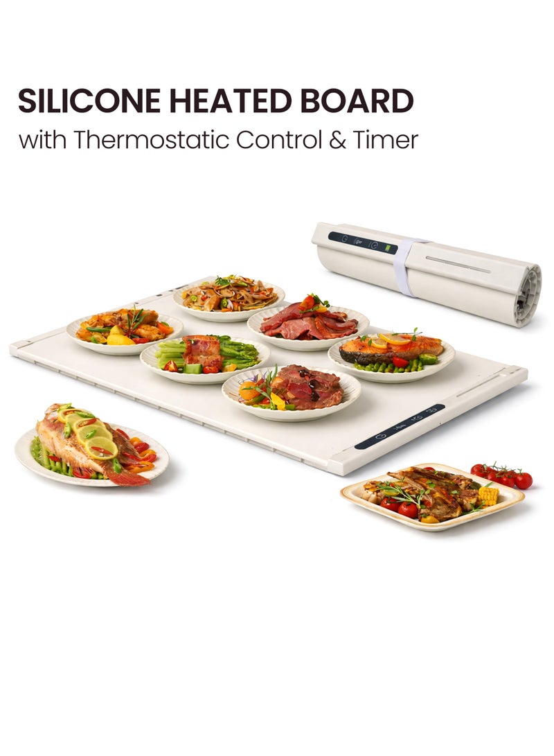 Toshionics Electric Warming Tray – Foldable Silicone Food Warmer Mat with Adjustable Temperature & Timer (65x40cm, 250W) – Large Buffet Food Heating Pad for Dining Table & Countertop, White - Image 1
