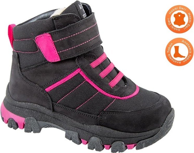 Kids A More Yukon Velcro and Elastic Fur Lined Leather Girls Boots Black - Image 1