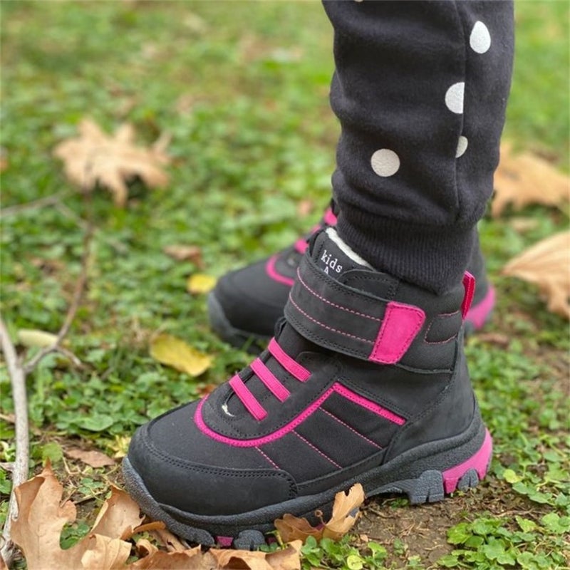 Kids A More Yukon Velcro and Elastic Fur Lined Leather Girls Boots Black - Image 2