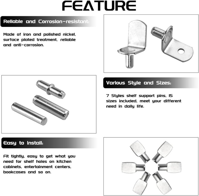 WMYCONGCONG WMYCONGCONG 150 PCS Shelf Bracket Pegs Kit 7 Styles Shelf Pins Shelf Support Pegs Cabinet Shelf Holders Pegs for Shelves Book Shelf Closet Metal Nickel Plated - Image 4