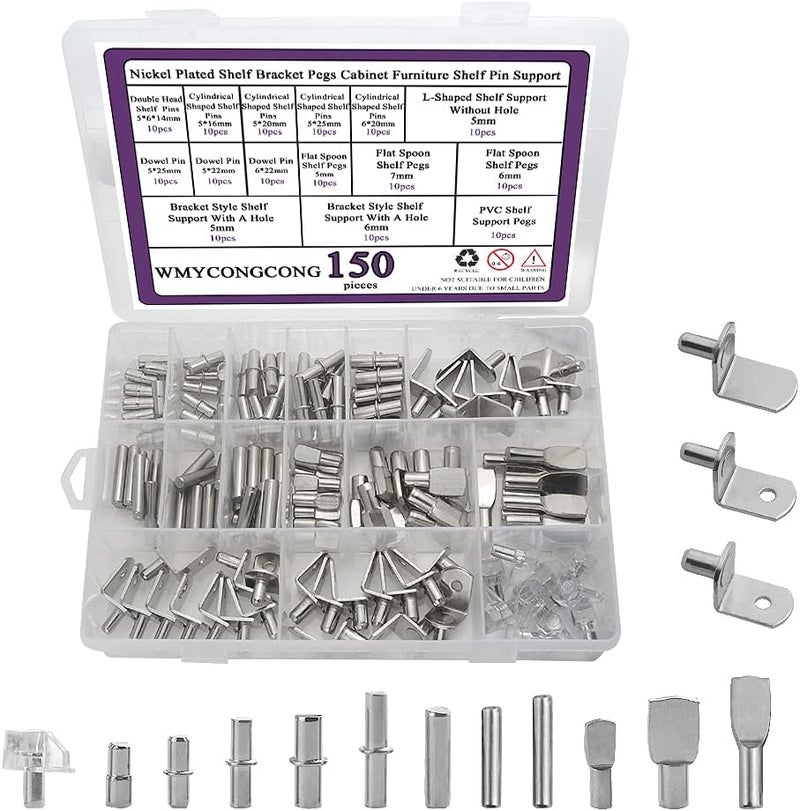 WMYCONGCONG WMYCONGCONG 150 PCS Shelf Bracket Pegs Kit 7 Styles Shelf Pins Shelf Support Pegs Cabinet Shelf Holders Pegs for Shelves Book Shelf Closet Metal Nickel Plated - Image 1