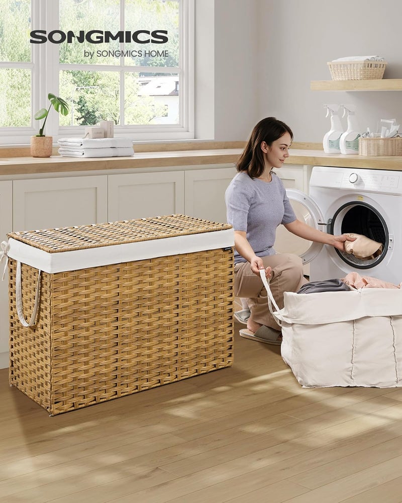 SONGMICS Laundry Hamper with Lid, 52.8 Gallon (200 L) Synthetic Rattan Clothes Laundry Basket with Lid and Handles, Foldable, Removable Liner, Goose Yellow - Image 2