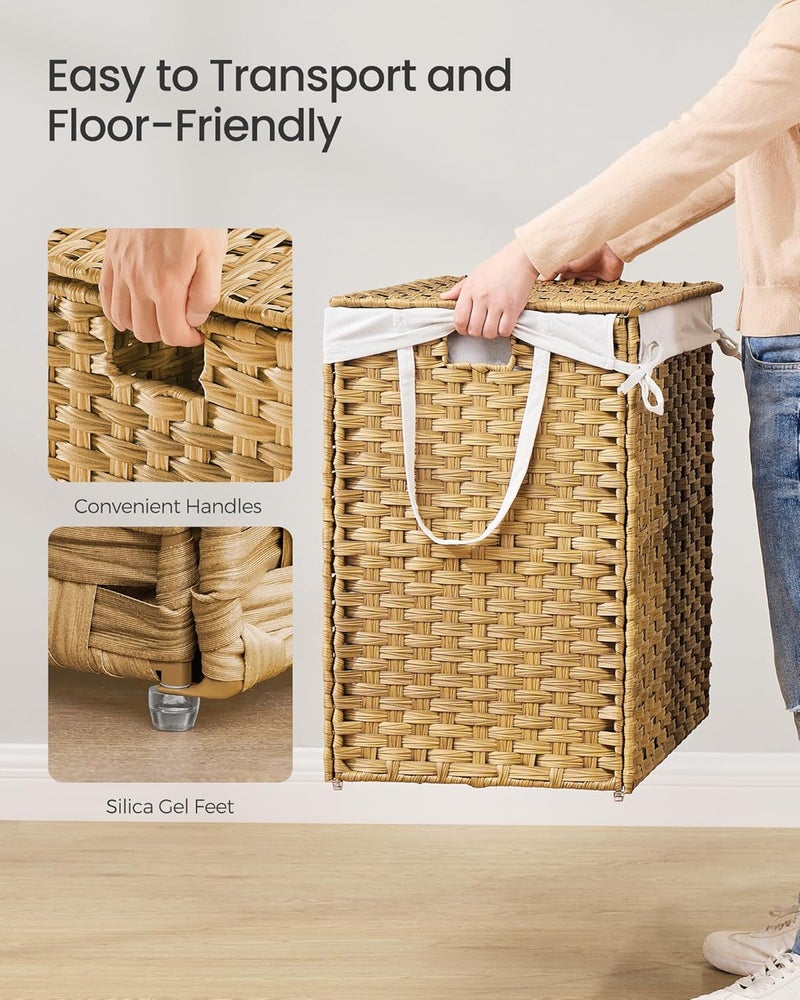 SONGMICS Laundry Hamper with Lid, 52.8 Gallon (200 L) Synthetic Rattan Clothes Laundry Basket with Lid and Handles, Foldable, Removable Liner, Goose Yellow - Image 4