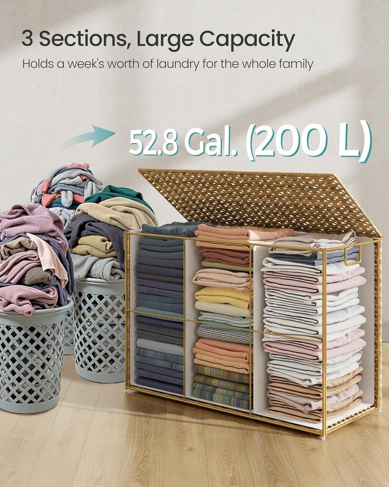 SONGMICS Laundry Hamper with Lid, 52.8 Gallon (200 L) Synthetic Rattan Clothes Laundry Basket with Lid and Handles, Foldable, Removable Liner, Goose Yellow - Image 5